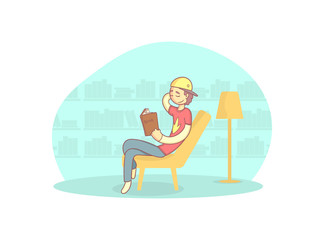 Sticker - Boy Sitting in Armchair and Reading Book, Guy Relaxing at Home Vector Illustration