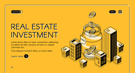 Real estate investment isometric landing page, dollar coins falling to huge jar surrounded with city buildings, invest fund increase money finance business. 3d vector illustration, line art web banner