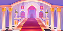 Castle Staircase, Upward Stairs In Palace Entrance With Pillars, Statues, Red Rag And Wooden Doors, Medieval Architecture Empty Fantasy Or Historical Building Hall Interior Cartoon Vector Illustration