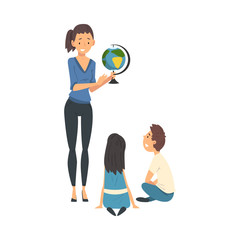 Sticker - Female Teacher Standing Beside Chalkboard and Explaining Geography Lesson Vector Illustration