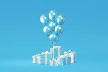 Poster - Festive gift box presentation, balloon blue background. Advertising store sale. Concept black friday, christmas, new year. 3D rendering