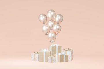 Poster - Festive gift box presentation, balloon beige background. Advertising store sale. Concept black friday, christmas, new year. 3D rendering