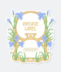 Iris flower. Label, frame, border. Good for product label. with place for text Vector illustration. In art nouveau style, vintage old, retro style. Isolated on white