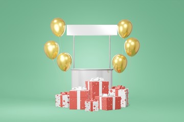Poster - Festive booth promotion stock white gift box mockup, gold balloon green background. Advertising store sale. Concept black friday, christmas, new year. 3D rendering