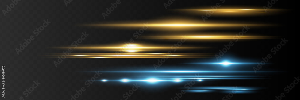 Red horizontal lens flares pack. Laser beams, horizontal light rays.Beautiful light flares. Glowing streaks on dark background. Luminous abstract sparkling lined background. - obrazy, fototapety, plakaty 