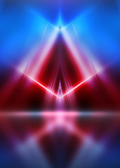 Poster - Empty show scene background. Reflection of a dark street on wet asphalt. Rays of red and blue neon light in the dark, neon shapes, smoke. Abstract dark background.