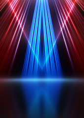 Wall Mural - Empty show scene background. Reflection of a dark street on wet asphalt. Rays of red and blue neon light in the dark, neon shapes, smoke. Abstract dark background.