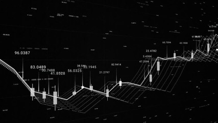 Poster - 3d financial background with all the data and graphics, growth and decline, finance and economics concept. Animation. Monochrome financial chart background, stock market statistics on the screen.