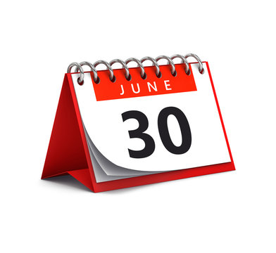 3D rendering of red desk paper summer month of June 30 date - calendar page isolated on whit