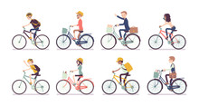 Cyclists And Bicycles Set. Male, Female Happy Persons Riding Different Cycles For Sport, Fun, Work, Business Or Recreation, Use Sharing System In Public Places. Vector Flat Style Cartoon Illustration