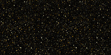 Gold Round Splash Dots Or Glittering Spangles Seamless Background. Hand Drawn Spray Texture. Golden Blobs, Sparks, Sparkles Or Glitter On Black Background Endless Template. Luxury Splatter Pattern.