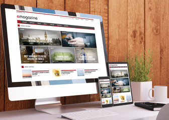 Canvas Print - responsive devices on wooden studio e-magazine website mock up