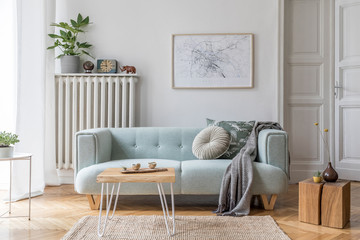 Wall Mural - Stylish scandinavian living room interior with design mint sofa, furnitures, mock up poster map, plants, and elegant personal accessories. Home decor. Interior design. Template. Ready to use. 