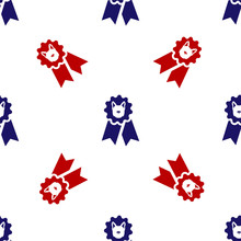 Blue And Red Dog Award Symbol Icon Isolated Seamless Pattern On White Background. Medal With Dog Footprint As Pets Exhibition Winner Concept. Vector Illustration