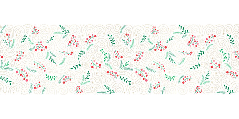 Wall Mural - Colorful Doodle Christmas Foliage, Red Berries, Gold Swirls on White Background Vector Seamless Border. Winter Holiday