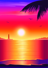 Wall Mural - Vector image, background beautiful sunset on the beach