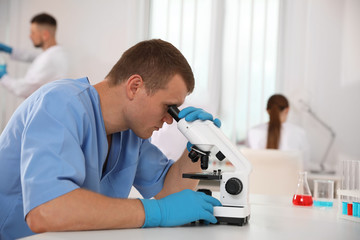 Wall Mural - Scientist using microscope at table and colleagues in laboratory. Medical research