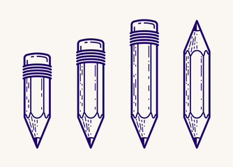 Pencils set vector simple trendy logos or icons for designer or studio, creative design, education, science knowledge and research, linear style.