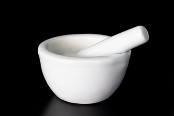 isolated white medicine mortar on dark background