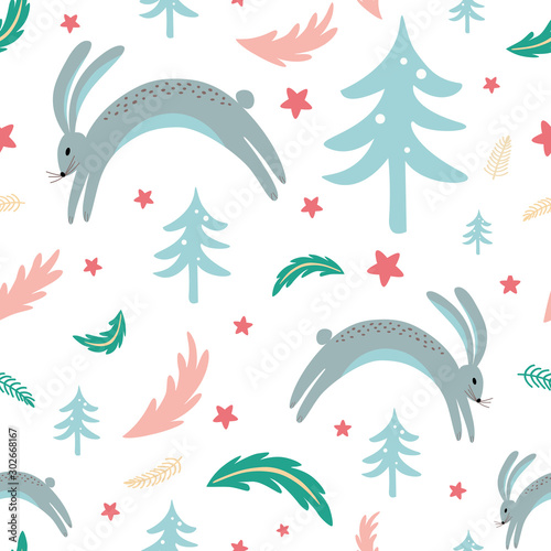 Fotografía Seamless pattern rabbit bunny forest elements hand drawn coniferous branch Chris