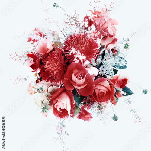 Bouquet Of Flowers In Red Shades Of Red Colors Autumn Winter 2020 Roses Berries Chrysanthemum Asters Kosmeja Hydrangea Wormwood Stock Photo Adobe Stock