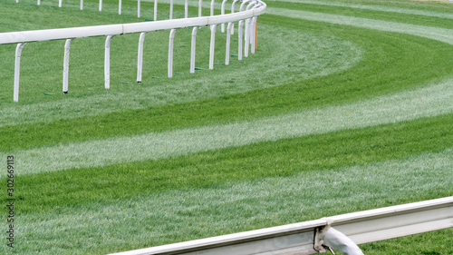 Cuadros en Lienzo Close up of the green grass field in horse racing racetrack in Shatin, Hong Kong