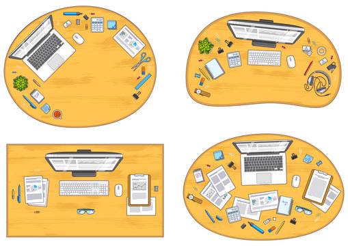 Work desks workspaces top view with PC or laptops and a lot of different stationery objects and analytics documents on tables, look above. All elements are easy to use separately. Vector set.