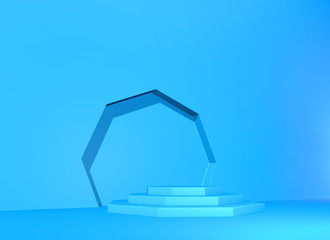 Poster - Pedestal or podium with steps and wall arch in the blue abstract background. 3D illustration