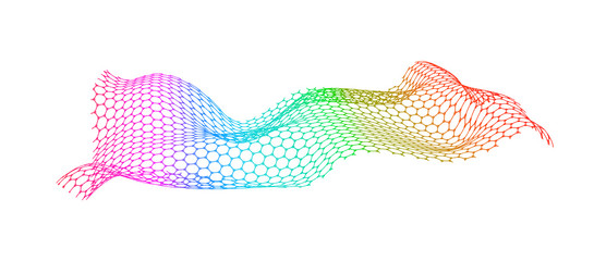 Colorful network of hexagons connected by circles. The structural surface of the material.