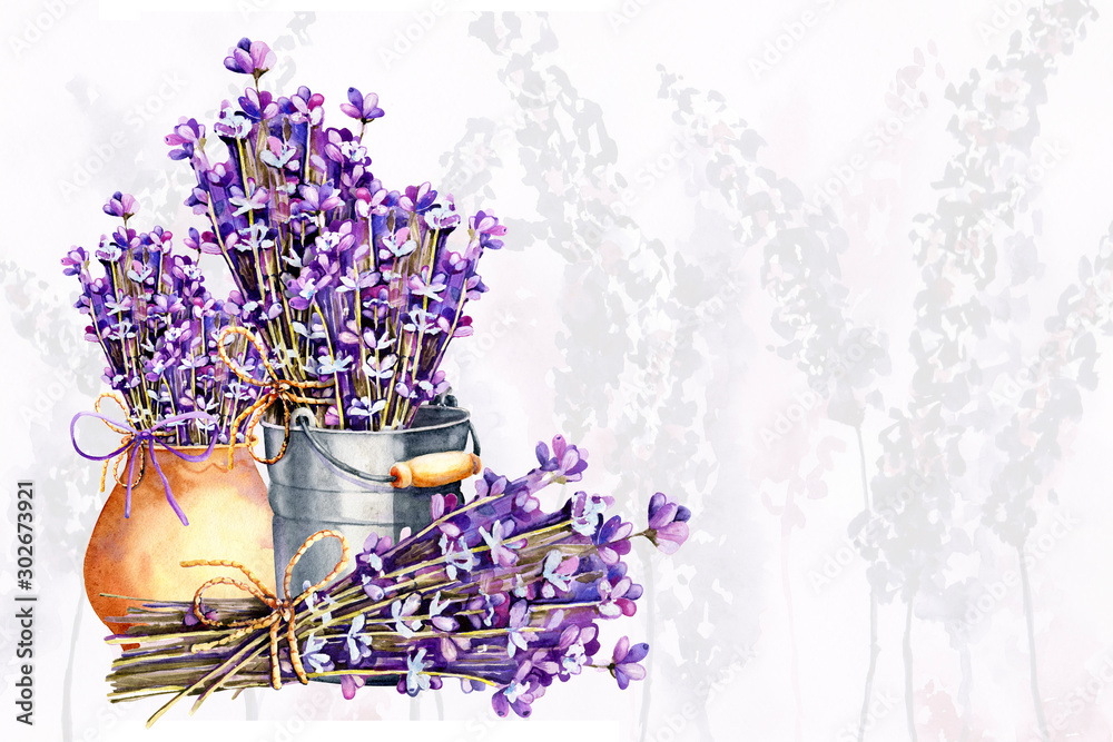 A bouquet of lavender flowers, twigs tied with twine, a bundle in an aluminum bucket and clay ceramic pot. Hand drawn watercolor illustration for design of wedding concept, birthday, Valentine's day. - obrazy, fototapety, plakaty 