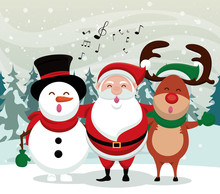 Happy Merry Christmas Card With Cute Characters