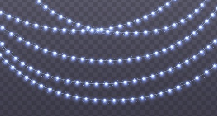 Christmas garland isolated on transparent background. Glowing blue light bulbs with sparkles. Xmas, New Year, wedding or Birthday decor. Party event decoration. Winter holiday season element.