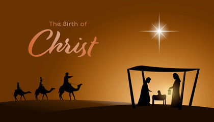 Poster - Christmas time. Manger with baby Jesus, Mary, Joseph and star of Bethlehem. Text : The Birth of Christ