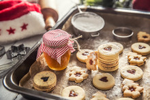 Christmas linzer sweets and cookies marmalade sugar powder in baked pan