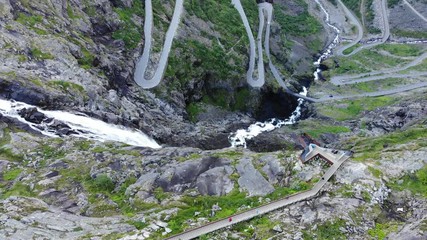 Sticker - Aerial view. Trolls Path Trollstigen winding scenic mountain road with viewing platform in Norway Europe. National tourist route