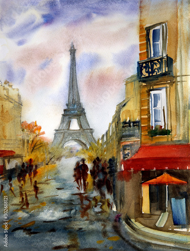 Photo Watercolor painting of Paris street with Eiffel Tower