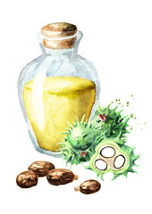 Castor oil bottle with Green castor fruits, beans, and seeds. Watercolor hand drawn illustration, isolated on white background