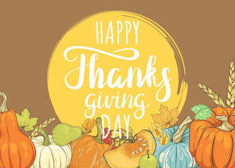 Wall Mural -  Happy Thanksgiving Greeting Card with Pumpkins, Apples and Autumn Foliage