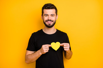 Sticker - Portrait of charming bearded lover man have 14-february dating with his girlfriend show yellow paper card heart near chest wear casual style clothing isolated over vibrant color background