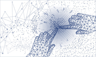 Poster - future protection technology with hand and arrows on full color liquid beautiful geometric thin line