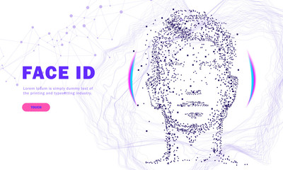 Poster - Face id technology. Trendy Innovations face systems.  Innovations systems identifications and development computers software industry. Poligon personal encryption protection.