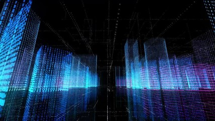 Poster - Digital city animation in space with numbers. Animation. Construction and Technology Concept
