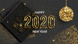 Happy New Year 2020 shimmer background, vector illustration. Sparkling disco ball, gold snowflakes made of glitter, golden halftone, black boxes elements for New Year party invitations.