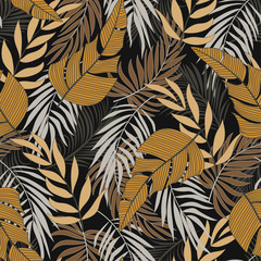 Naklejka na meble Summer seamless tropical pattern with bright yellow and white plants and leaves on a green background. Jungle leaf seamless vector floral pattern background. Beautiful exotic plants. 