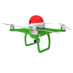 Remote control air drone. Dron flying with action video camera and christmas hat. 3d render illustration on white