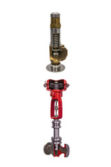 Two modern shut-off valves with automatic control for gas pipeline isolated on a white background. Transverse section