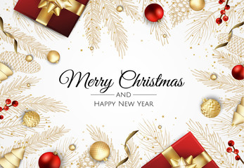 christmas banner. background xmas design of with gifts box, snowflake and confetti. horizontal chris