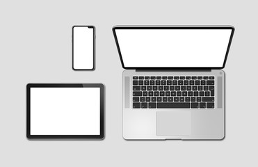 Poster - Laptop, tablet and phone set mockup isolated on grey. 3D render