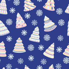 Poster - Seamless pattern with hand-drawn Christmas trees and snowflakes