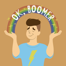 Flat Vector Cartoon Of Young Man With Stylish Hair, Smug Face, And Thunder T-shirt Shrugs. Sparkle Rainbow With OK, Boomer Text Arch From His Hands. Inspired By Popular Memes.